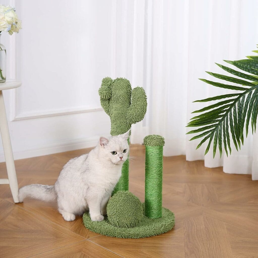 Amazon Basics Cactus Cat Scratching Triple Posts with Dangling Ball, Small, 23, Green