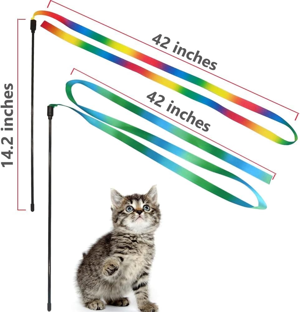 LASOCUHOO Interactive Cat Rainbow Wand Toys, Interactive Cat Teaser Wand String, Colorful Ribbon Charmer for Most Cats and Kittens - 2 PCS