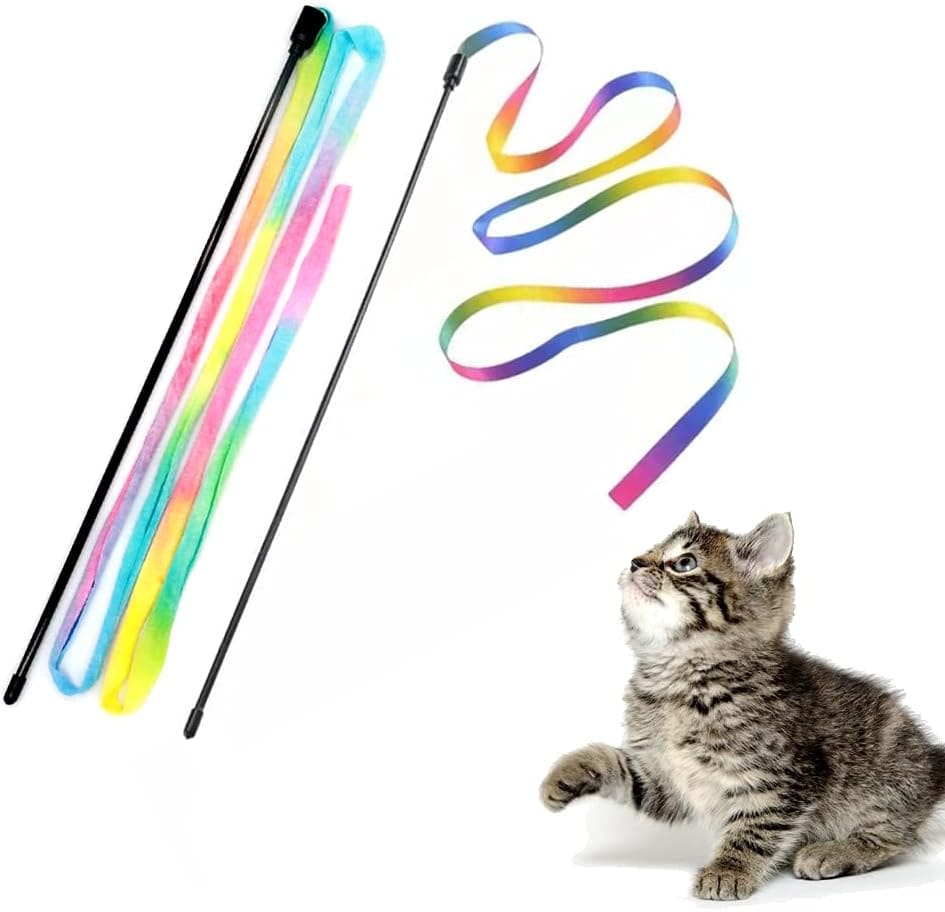 LASOCUHOO Interactive Cat Rainbow Wand Toys, Interactive Cat Teaser Wand String, Colorful Ribbon Charmer for Most Cats and Kittens - 2 PCS