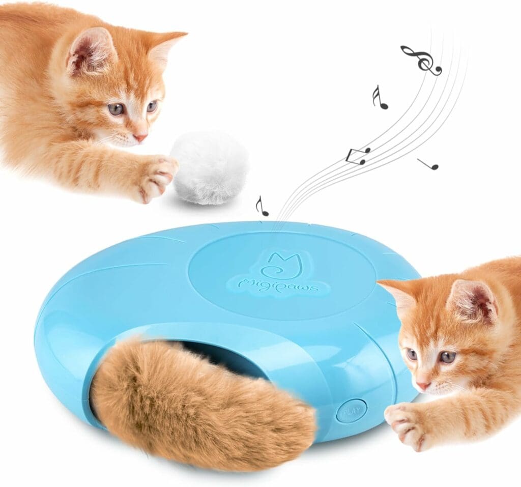 Migipaws Cat Toys Interactive Fluffy Ball Squeak Hide and Seek in a Mice Hole Smart Kitten Teaser Automatic Timer On Off Plush Fur Tail Refill